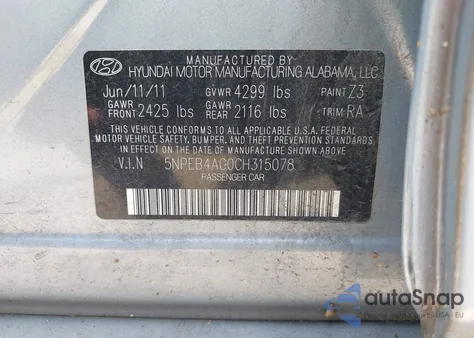 2012 Hyundai Sonata Gls из США, поврежденный, VIN 5NPEB4AC0CH315078